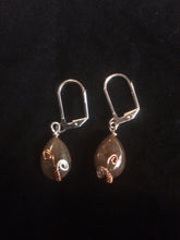 Load image into Gallery viewer, A pair of 15x10mm agate teardrop beads is adorned with a copper sprout wire wrap pattern. These lyre-style leverback earrings are designed to be part of a matching set with necklace (Copper Sprout Wire Wrapped Agate Necklace - SKU 1NCK0009) and bracelet (Copper Sprout Wire Wrapped Agate Bracelet - SKU 1BRC0002).