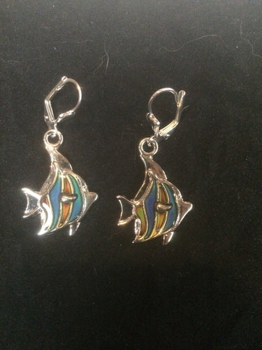 A pair of silver plated fish beads that change color with temperature sits below silver plated brass leverbacks.