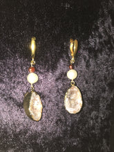 Load image into Gallery viewer, Gold Dipped Geode and Pearl Drop Leverback Earrings