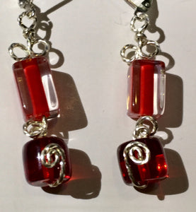 Red Rectangles and Cylinders Earrings
