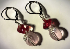 Red Cubes with Pink Glass Silver Earrings