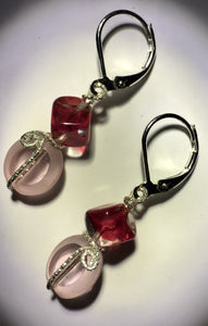 Red Cubes with Pink Glass Silver Earrings