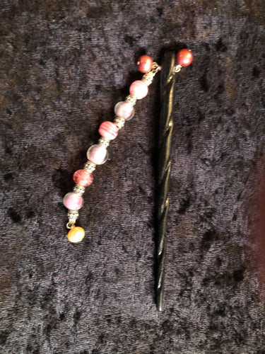 Pink Pearls Black Spiral Bone Hairstick