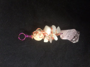 Dyed Howlite Abstract Floral Copper Wire Wrap with Chatoyant Quartz Pendant