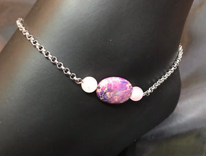 Pink Oval Agate Stainless Steel Anklet