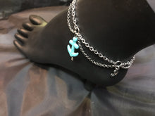 Load image into Gallery viewer, A delicate stainless steel chain swags from a main stainless steel chain, providing a scalloped design to this surf-resistant anklet. Reassembled turquoise anchor charms accent the nodes of the scallop.