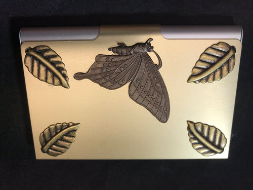 Gold Tone Business Card Case with Butterflies and Leaves