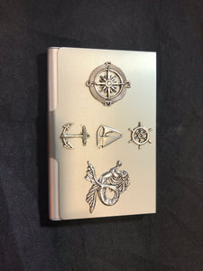 Silver Tone Business Card Case with Mermaid and Compass Rose