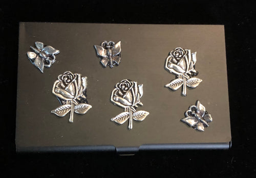 Flat Black Business Card Case with Butterflies in the Rose Garden