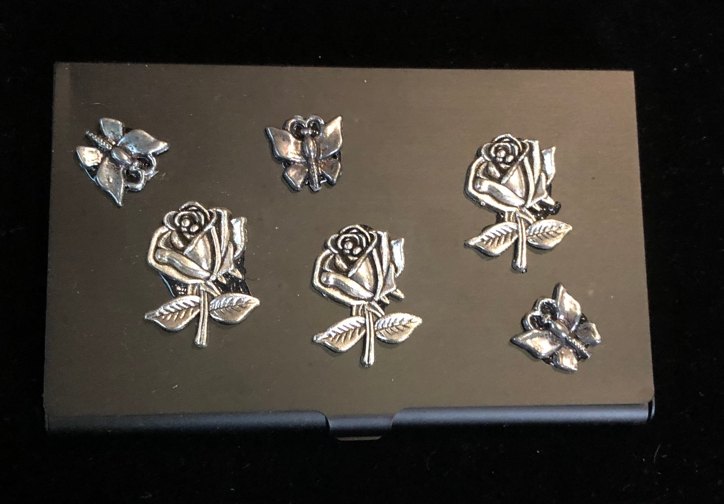 Flat Black Business Card Case with Butterflies in the Rose Garden
