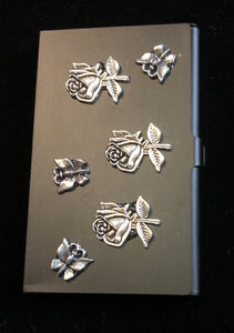 Flat Black Business Card Case with Butterflies in the Rose Garden