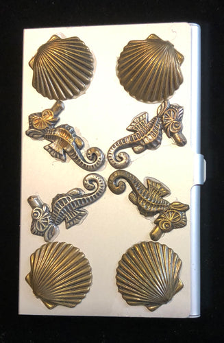 Silver Tone Business Card Case with Sea Horses and Scallops