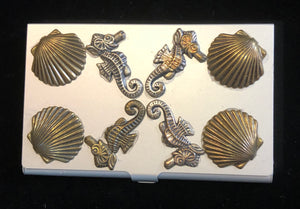Silver Tone Business Card Case with Sea Horses and Scallops