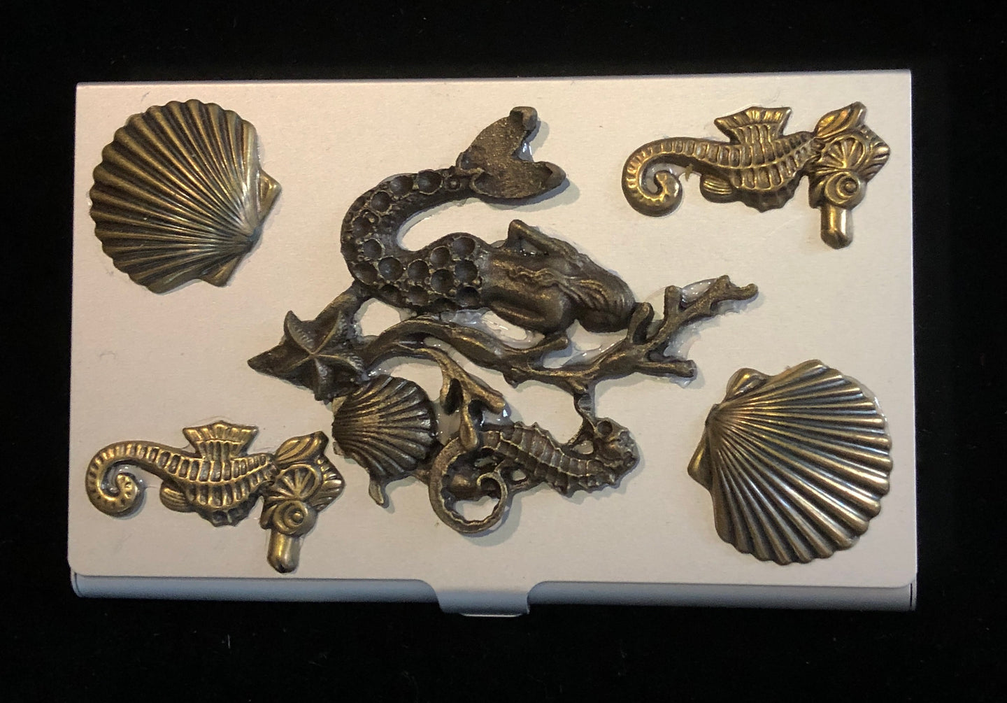 Silver Tone Business Card Case with Mermaid and Sea Life