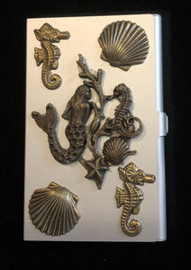 Silver Tone Business Card Case with Mermaid and Sea Life
