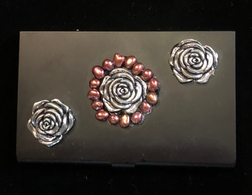 Flat Black Business Card Case with Roses and Pearls