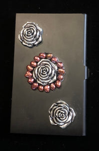 Flat Black Business Card Case with Roses and Pearls