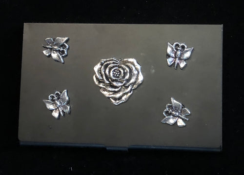 Flat Black Business Card Case with Rose and Butterflies