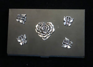 Flat Black Business Card Case with Rose and Butterflies
