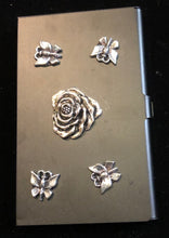 Load image into Gallery viewer, Flat Black Business Card Case with Rose and Butterflies