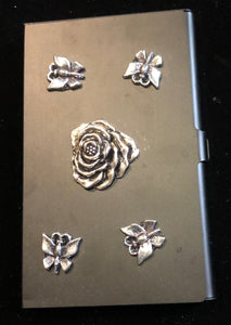 Flat Black Business Card Case with Rose and Butterflies