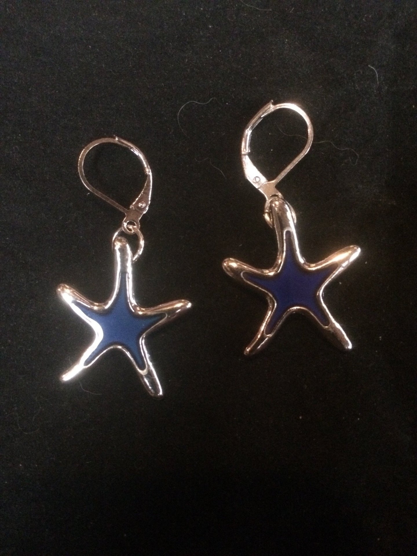 A pair of silver plated sea star beads that change color with temperature sits below silver plated brass leverbacks.