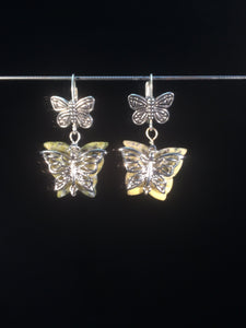 Leverback earrings made from plated metal butterfly charms, Korean "jade" (serpentine), and plated metal leverback findings. Forms a matching set when purchased with necklace 1NCK0058.