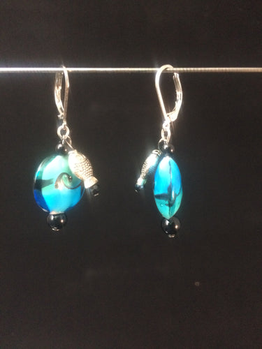 Blue Ocean Leverback Earrings (Fish charms)