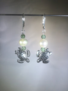 Diving Sea Turtles with Pearls and Aventurine Earrings