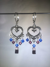 Load image into Gallery viewer, Brass Heart Blue Chandelier Earrings