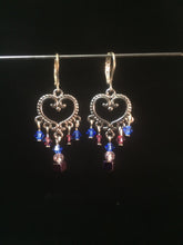 Load image into Gallery viewer, Brass Heart Blue Chandelier Earrings