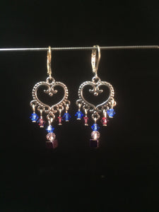 Brass Heart Blue Chandelier Earrings