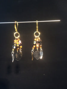 Black Millefiore with Leaves Chandelier Earrings