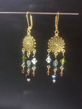 Load image into Gallery viewer, This pair of layered chandelier leverbackåÊearrings is made with a mixture of metal beads, glass peals, and faceted Czech crystal beads, set on plated zinc pewter chandeliers.