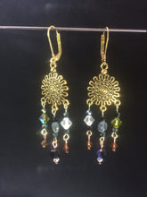 Load image into Gallery viewer, Green and Brown Czech Crystal and Glass Sunburst Chandelier Leverback Earrings
