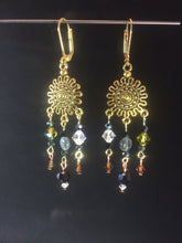 Load image into Gallery viewer, Green and Brown Czech Crystal and Glass Sunburst Chandelier Leverback Earrings