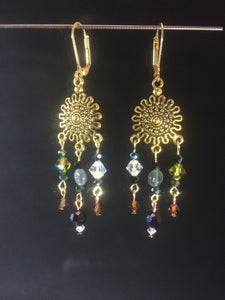 Green and Brown Czech Crystal and Glass Sunburst Chandelier Leverback Earrings
