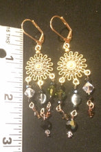 Load image into Gallery viewer, Green and Brown Czech Crystal and Glass Sunburst Chandelier Leverback Earrings