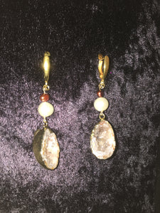 Gold Dipped Geode and Pearl Drop Leverback Earrings