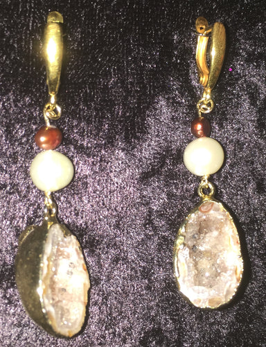 Gold Dipped Geode and Pearl Drop Leverback Earrings