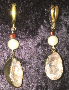 Gold Dipped Geode and Pearl Drop Leverback Earrings