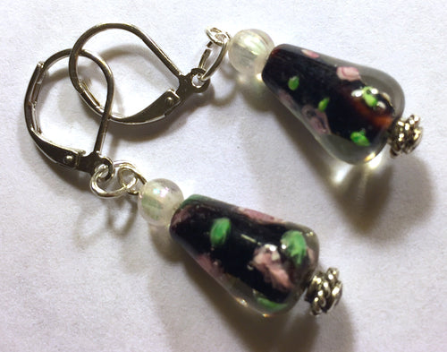 Flowery Glass Eggplant Drop Earrings