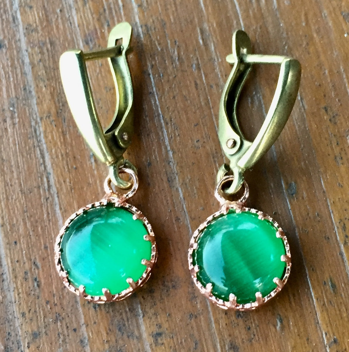 Green Chatoyant Glass and Copper Earrings