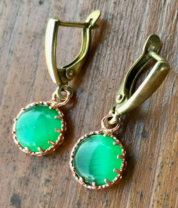 Green Chatoyant Glass and Copper Earrings