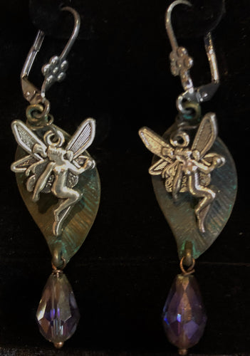 Faeries Sparkling on Green Leaves Leverback Earrings