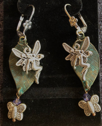 Faeries and Butterflies on Green Leaves Leverback Earrings