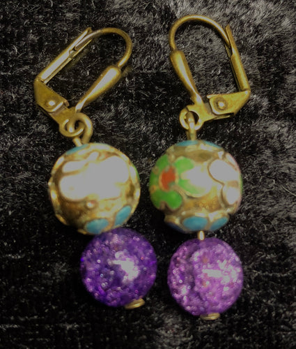 Antique Cloisonne and Crackle Glass Drop Earrings