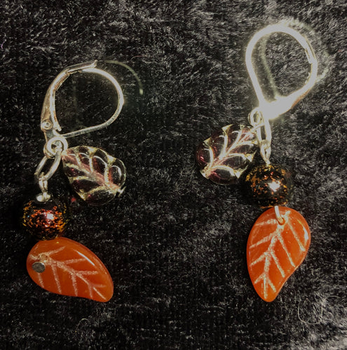 Czech Pressed Glass Leaves Drop Earrings