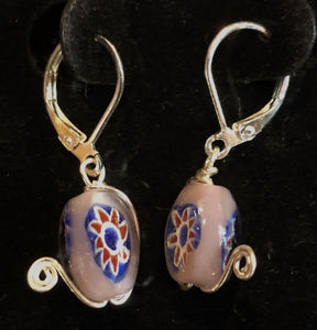 Purple Flower Beads with Silver Swirl Earrings