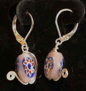Purple Flower Beads with Silver Swirl Earrings